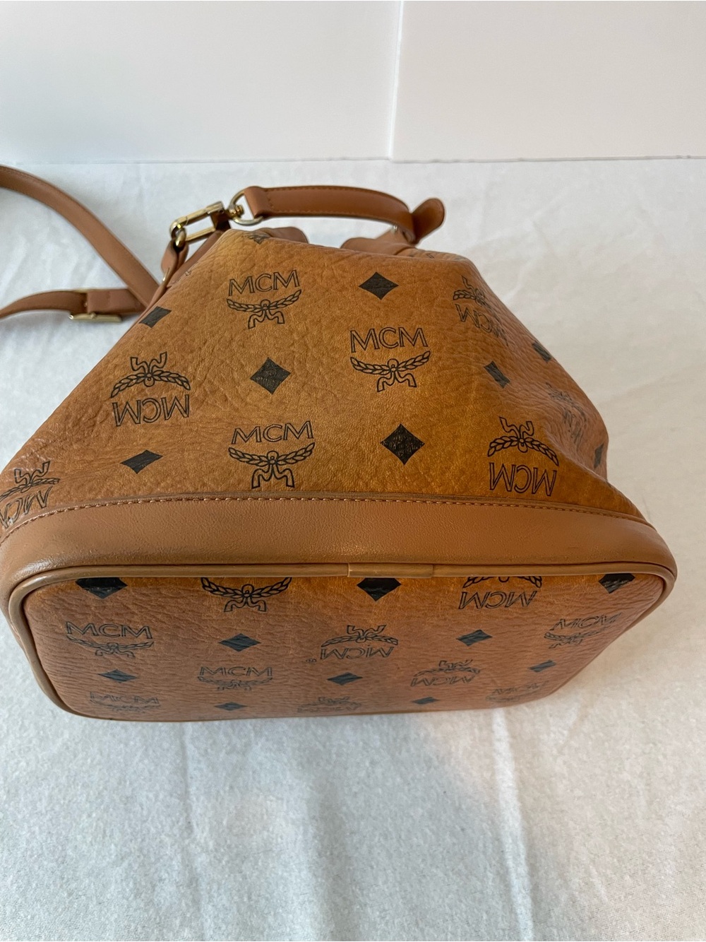MCM Brown Logo Print Drawstring Bucket Bag w/ Detachable Strap Gold Hardware - Picture 13 of 15